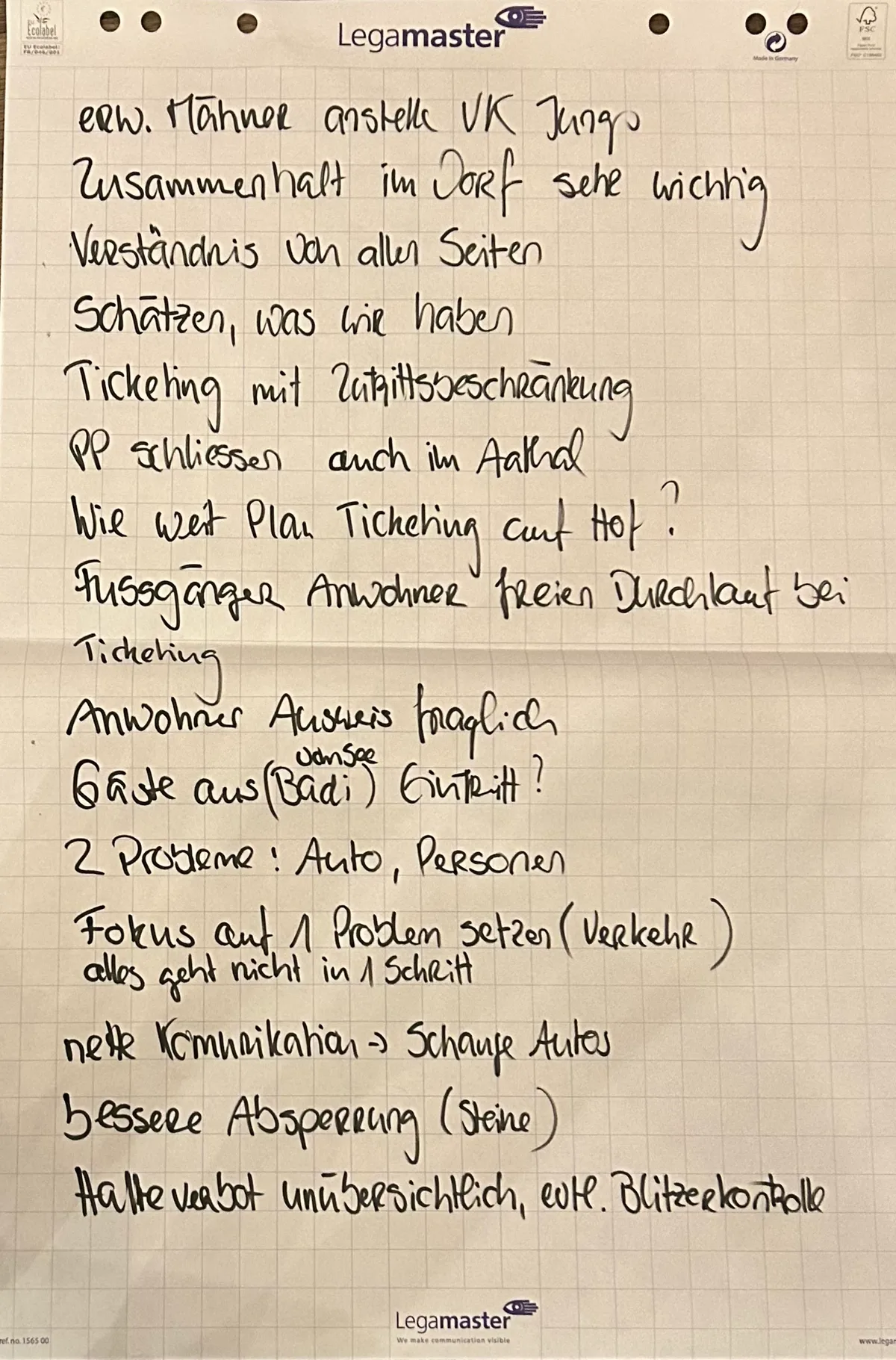 Plakat mit Ideen wie man die Verkehrssituation im Dorfzentrum lösen kann.